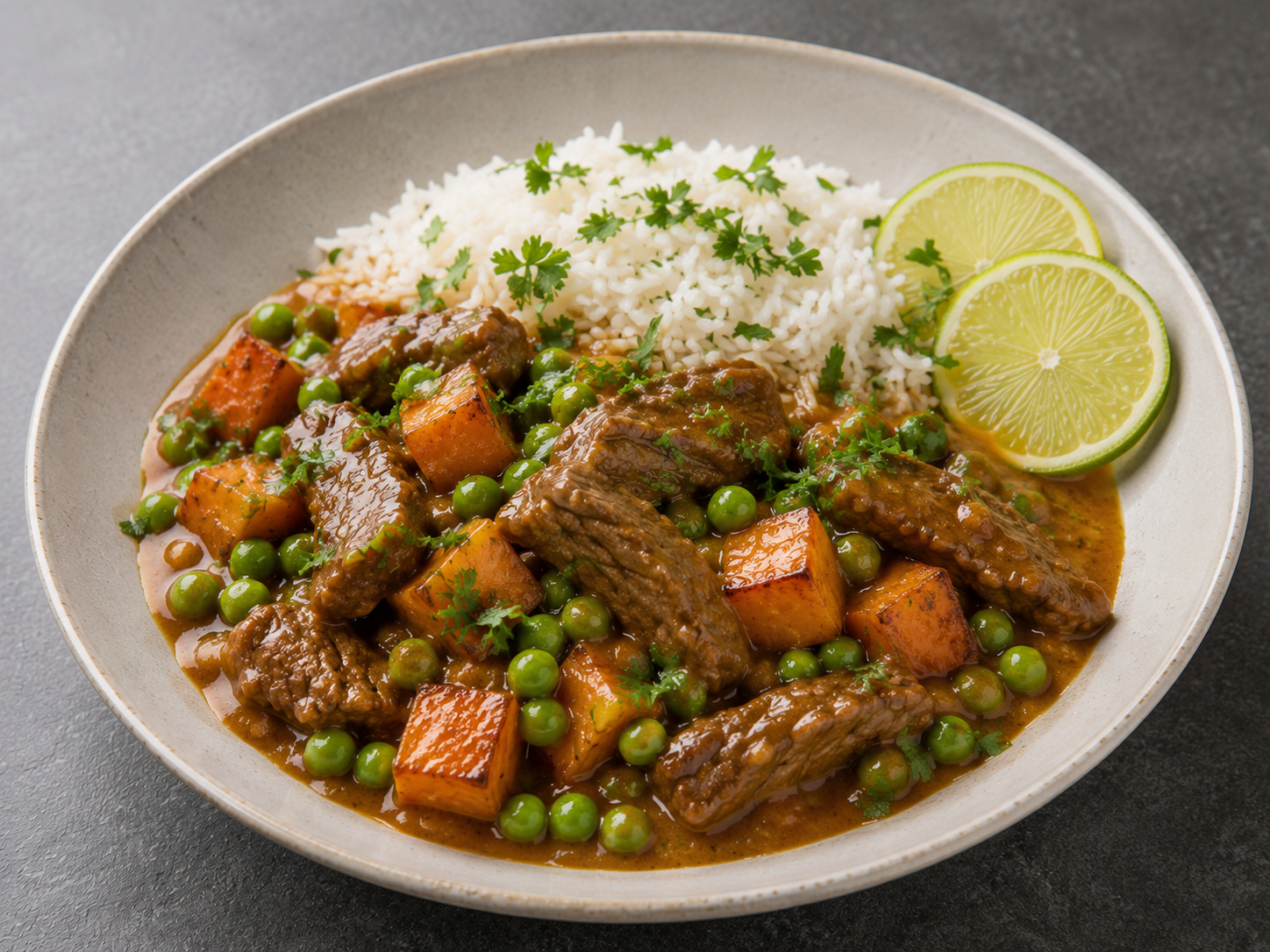 Beef Massaman met zoete aardappel, ewrtjes en rijst