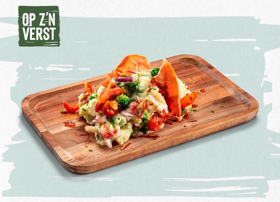 Broccoli bloemkoolstamp met krokante serranoham