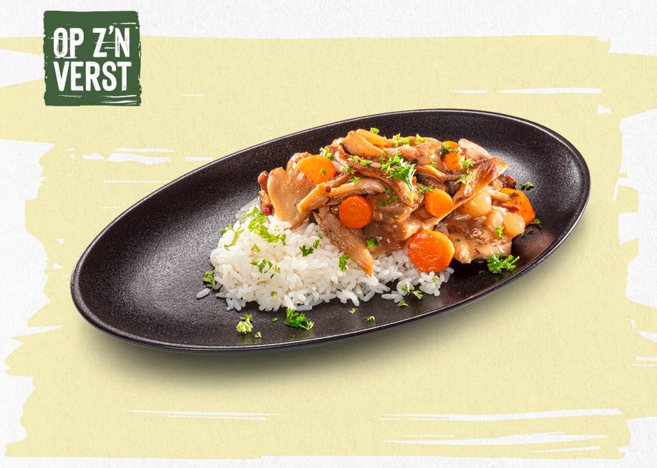 Coq au vin met gebakken spekjes