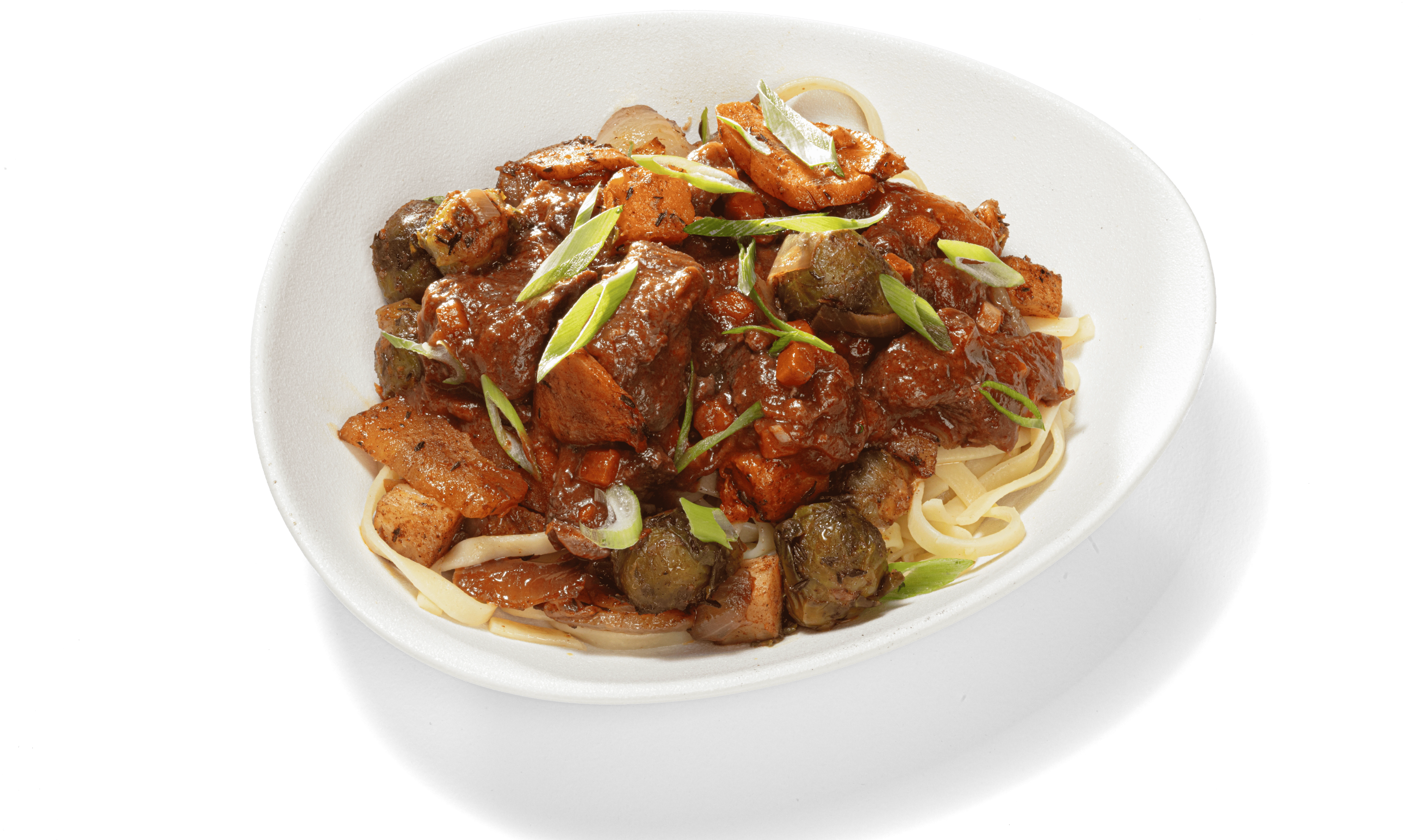 Hertengoulash met tagliatelle en spruitjes