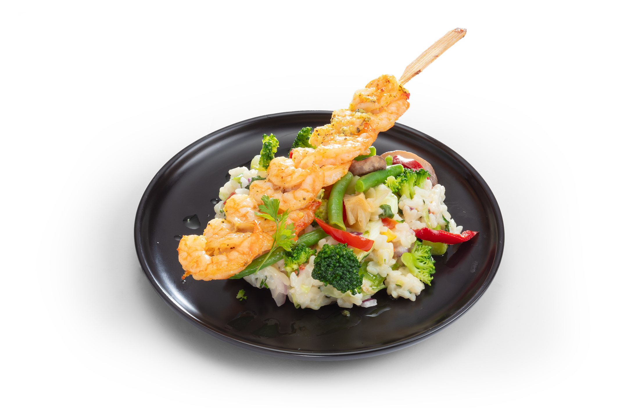 Risotto met gemarineerde tijgergarnalenspies