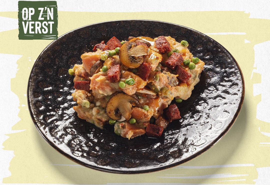 Zoete aardappelpuree met chorizo