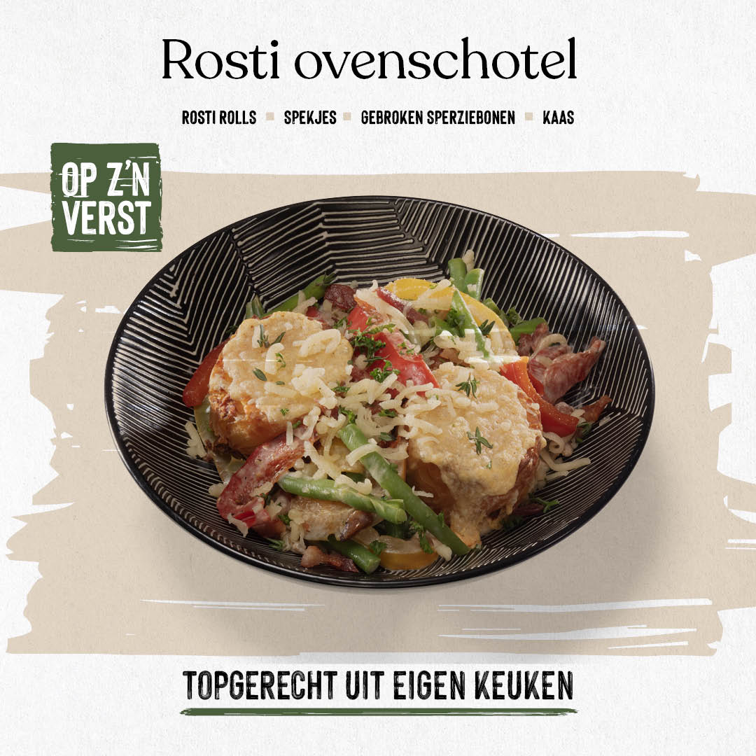 Rösti ovenschotel met spekjes en sperziebonen 
