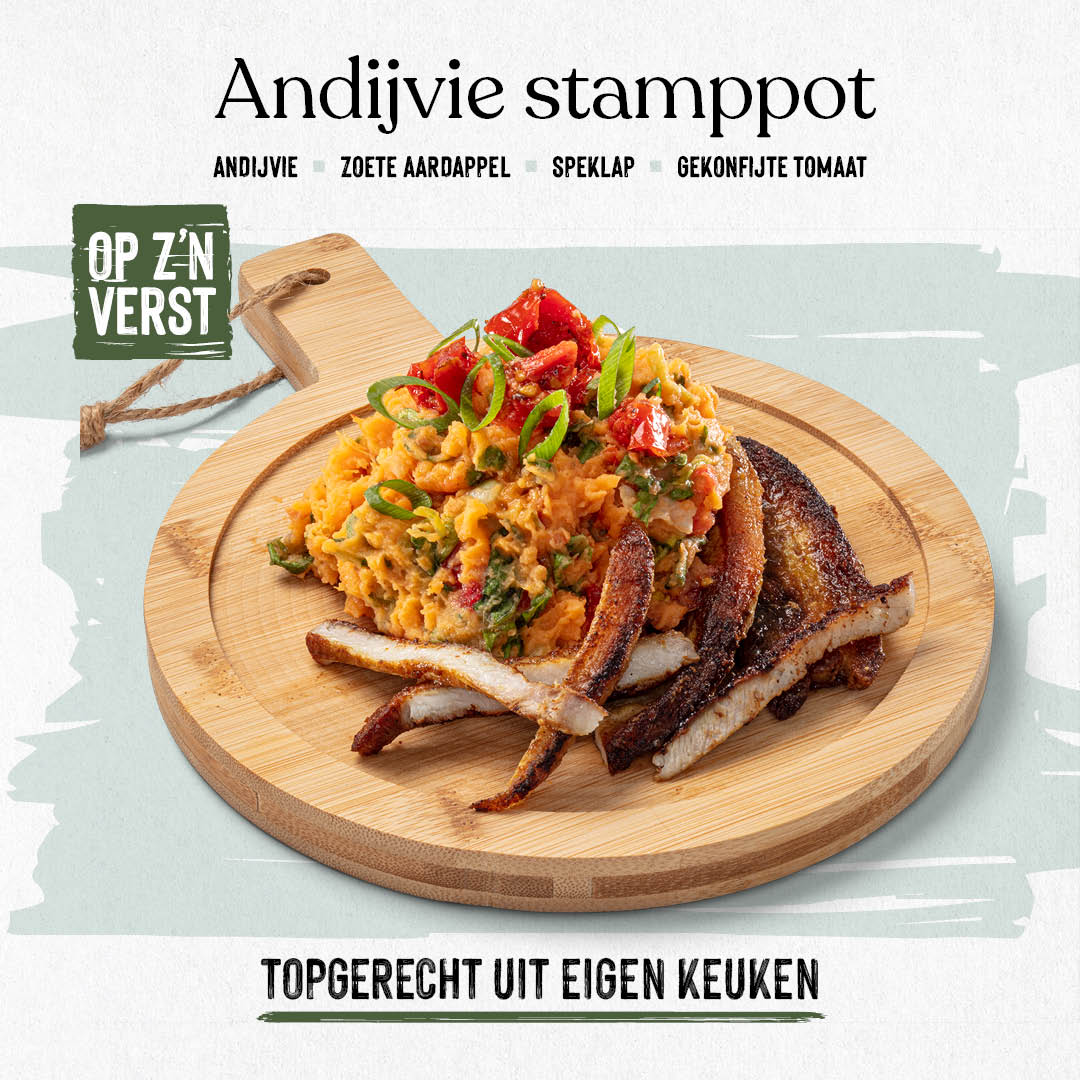 Zoete aardappelstamppot met andijvie en speklappen 
