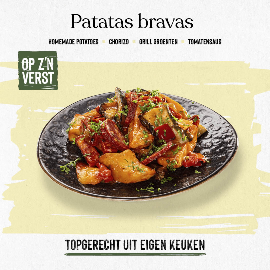 Patatas bravas met chorizo en geroosterde groenten 