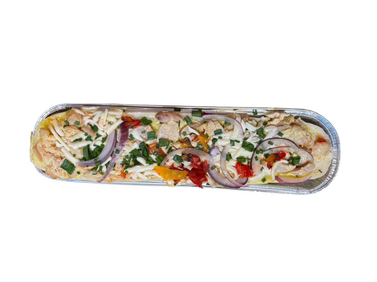 Gevuld stokbrood met gehakt paprika champignons en geraspte kaas 